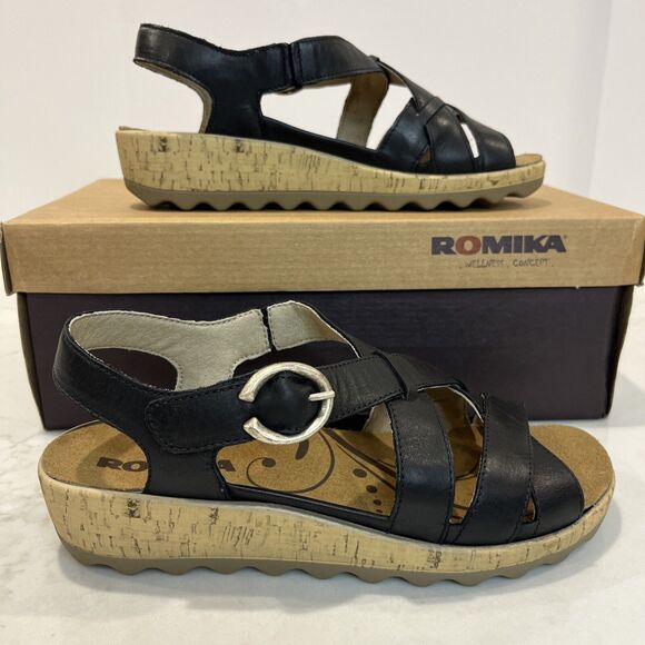 Romika NEW Gina Leather Black Comfort Walking Strappy Sandals EU 37 US 6-6.5 - Picture 1 of 14